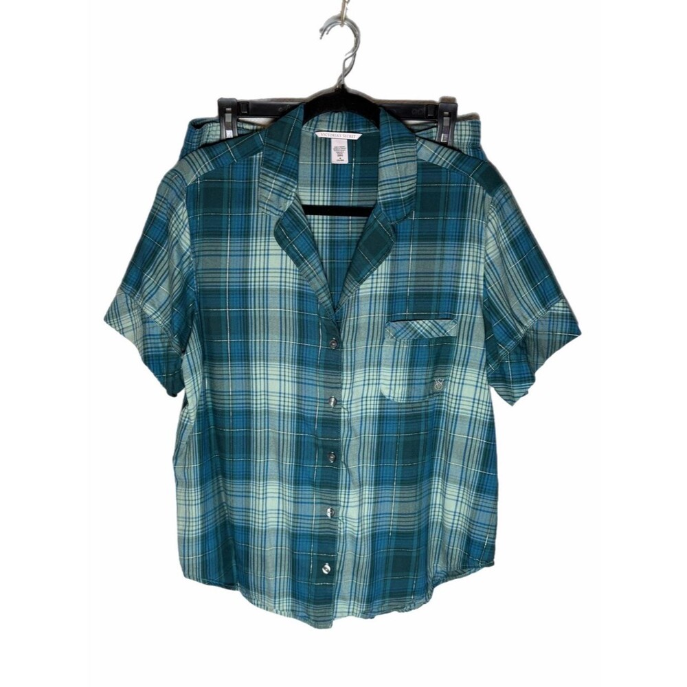 Victoria Secret Pajama Set Teal & Green Plaid Pattern Size Medium